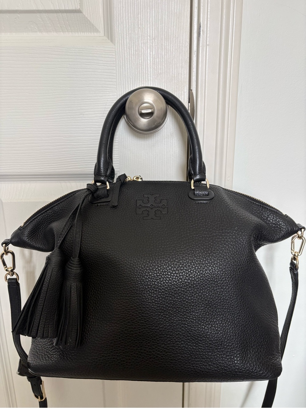 Tory Burch Black Pebbled Leather Satchel with Tassel Detail